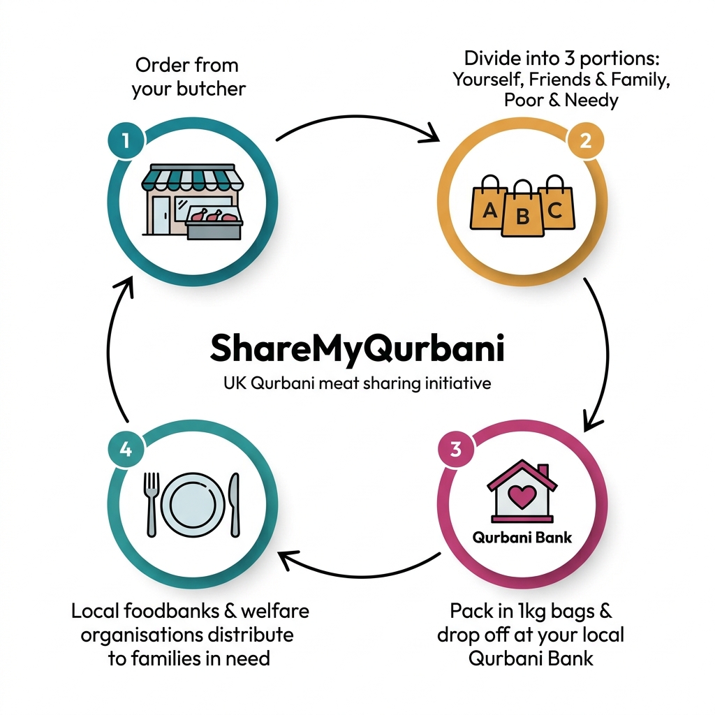 ShareMyQurbani process: Order from your butcher, divide into 3 portions, pack and drop off at a Qurbani Bank, and local organisations distribute to families in need.